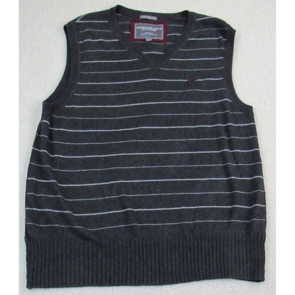 American Eagle Sweater Vest Mens XL Grey Striped V Neck Extra Slim Fit Academia
